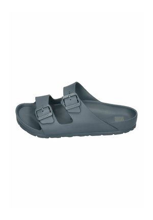 Grey sandals with two adjustable buckles, made of soft plastic. Open design with a contoured footbed and textured outsole for grip.