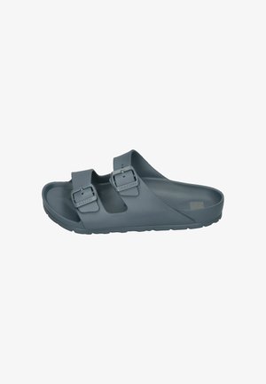 Grey sandals with two adjustable buckles, made of soft plastic. Open design with a contoured footbed and textured outsole for grip.