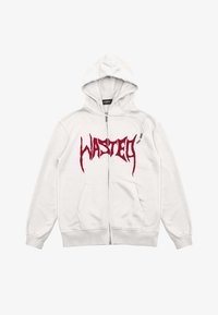 Weißer Reißverschluss-Hoodie mit einem großen roten "WASTED"-Grafik auf der Vorderseite. Verfügt über eine Kapuze, Kordelzüge und zwei Fronttaschen. Weicher Stofftextur.