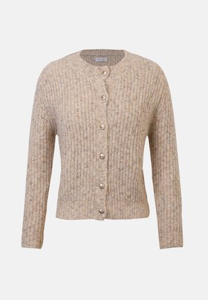 Beige ribbed cardigan made of textured knit fabric, featuring a round neckline and six button front closure with light-colored buttons.
