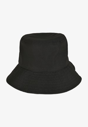 Black bucket hat with a textured pattern, featuring a rounded crown and wide, downward-sloping brim. Made from lightweight fabric.