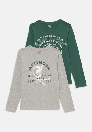 Twee longsleeve shirts: een groene met witte opdruk "ADVENTURE" en bomen, en een grijze met een afbeelding van een skier en de tekst "Mammoth US of A."