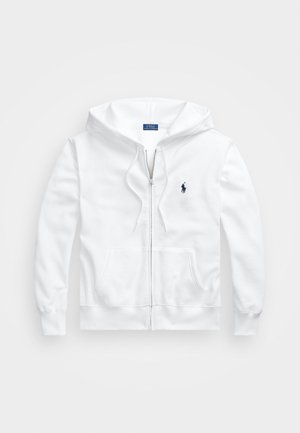 Sweat à capuche blanc zippé avec poches avant, capuche à cordon et petit logo Polo Ralph Lauren foncé sur la poitrine gauche.