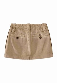 Khaki cotton skirt with a straight cut, featuring two back pockets and button accents. Smooth texture with stitched details around the waist.