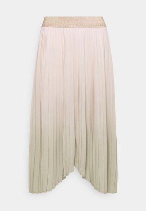 Lichtbeige geplooide rok met een glinsterende gouden elastische tailleband en een ongelijke zoom.