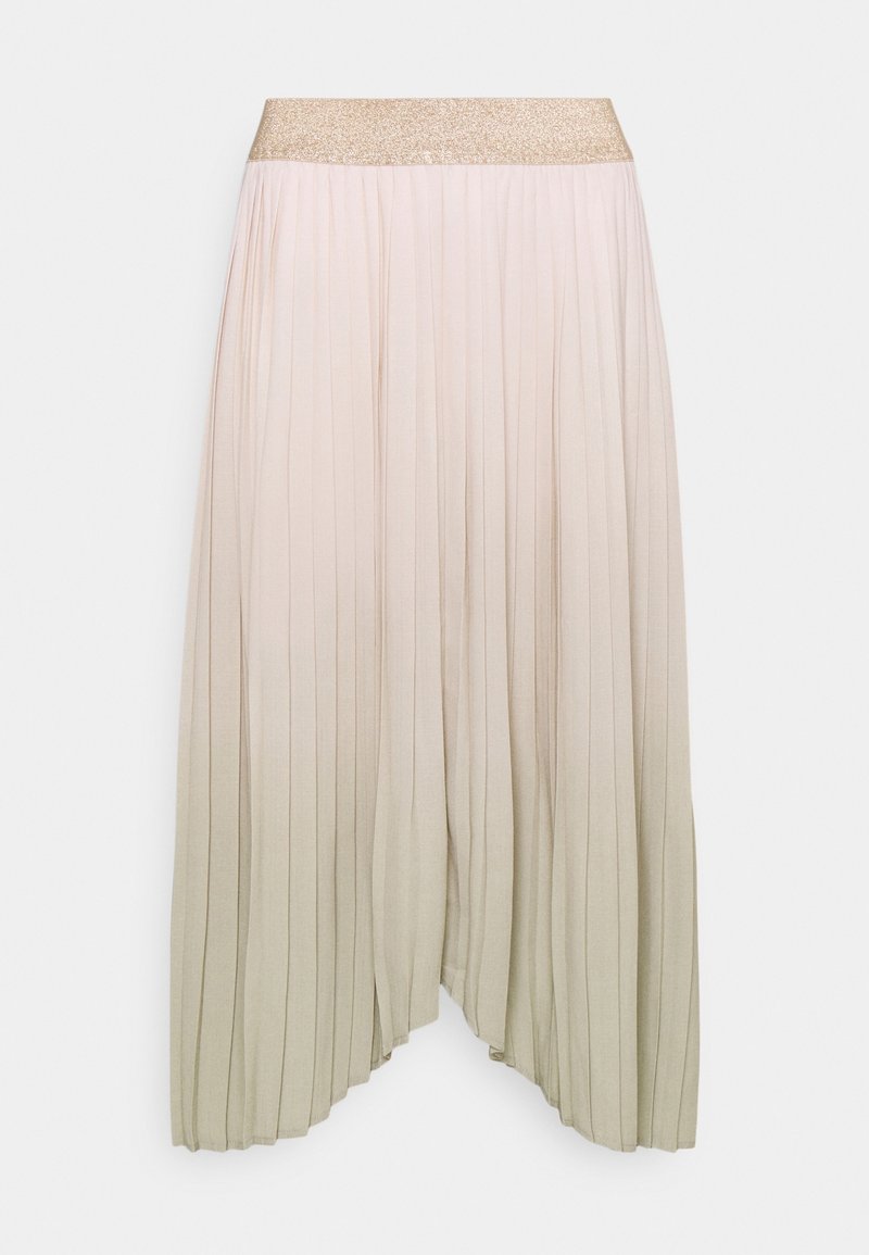 Jupe plissée beige clair avec une taille élastique dorée scintillante et un ourlet irrégulier.