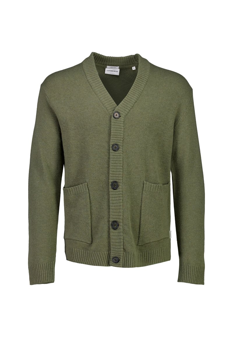 Olivgrüner Cardigan aus Strickmaterial, mit V-Ausschnitt, fünf Knöpfen und zwei vorderen Taschen sowie gerippten Bündchen und Saum.