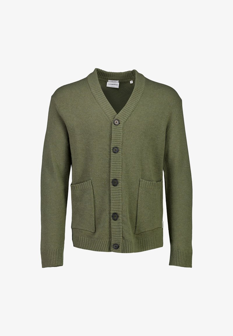 Olivgrüner Cardigan aus Strickmaterial, mit V-Ausschnitt, fünf Knöpfen und zwei vorderen Taschen sowie gerippten Bündchen und Saum.