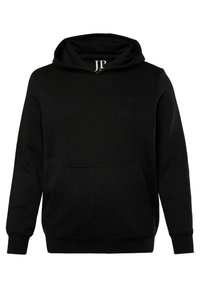 Felpa nera con cappuccio, tasca a marsupio, polsini e orlo ribattuti. Presenta un logo goffrato e discreto sul petto e un cappuccio con cordino.