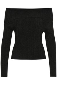Black off-the-shoulder top with long sleeves, ribbed texture, and subtle sheen. Fitted design with a wide neckline and straight hem.