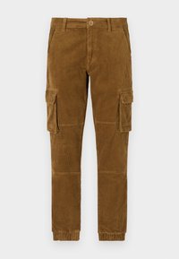 Bruine corduroy cargo broek met elastische manchetten, voorzien van zijzakken en een voorste knoopsluiting. Gelaagd stof met verticale ribbels.