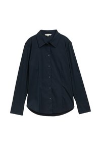 Navy blue long-sleeve shirt, button-up front, classic collar, soft texture, curved hemline, minimalistic design, solid color with no patterns.