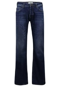 Vaqueros de denim de color azul oscuro con un diseño de pierna acampanada, que incluyen bolsillos frontales, cremallera y un ligero desgastado en la tela.