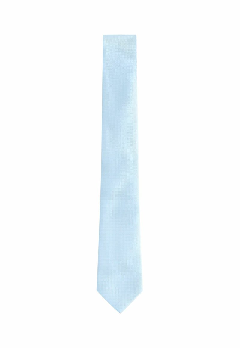 Cravate bleu clair avec un motif texturé et une pointe effilée. Le tissu semble lisse et brillant, adapté aux occasions formelles.