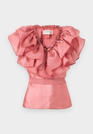 Roosa varrukateta top läikiva kangaga ja suure kihilise volangikaelusega, taljest keharibaga ning peene peplum-laienenud lõikega.