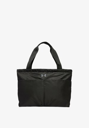 Must musta kott, millel on riidest käepidemed, esikott ja Hall Under Armouri logo. Sile tekstuur ja ristkülikukujuline kuju.