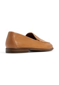 Brown leather loafers with a smooth texture, featuring a flat heel, rounded toe, and stitched detailing along the upper edge.