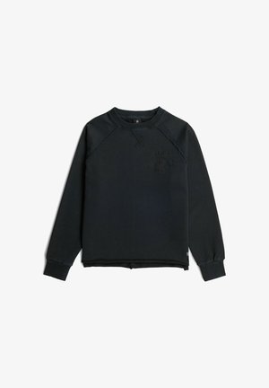 Sweat-shirt noir à manches longues avec col rond, poignets côtelés et logo embossé sur la partie supérieure de la poitrine.