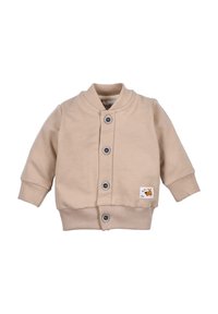 Beżowa bawełniana kurtka z okrągłym kołnierzem, zapięciem na guziki i ściągaczami przy mankietach. Posiada małą metkę z tkaniny z motywem zwierzęcym.