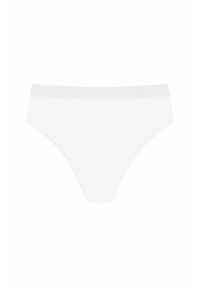 String blanc en coton avec une texture lisse, design taille mi-haute et ceinture élastique. Style minimaliste sans motifs ni accents visibles.