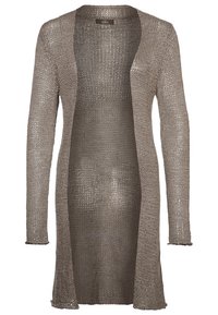 Lässige, offen frontierte Strickjacke in einem hellen Taueton, gestrickt mit einem strukturierten Muster, mit langen Ärmeln und einem mittel-langen Design.