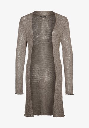 Cardigan ample à ouverture devant en taupe clair, tricoté avec un motif texturé, présentant des manches longues et une coupe mi-longue.