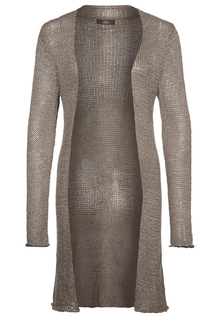 Lässige, offen frontierte Strickjacke in einem hellen Taueton, gestrickt mit einem strukturierten Muster, mit langen Ärmeln und einem mittel-langen Design.