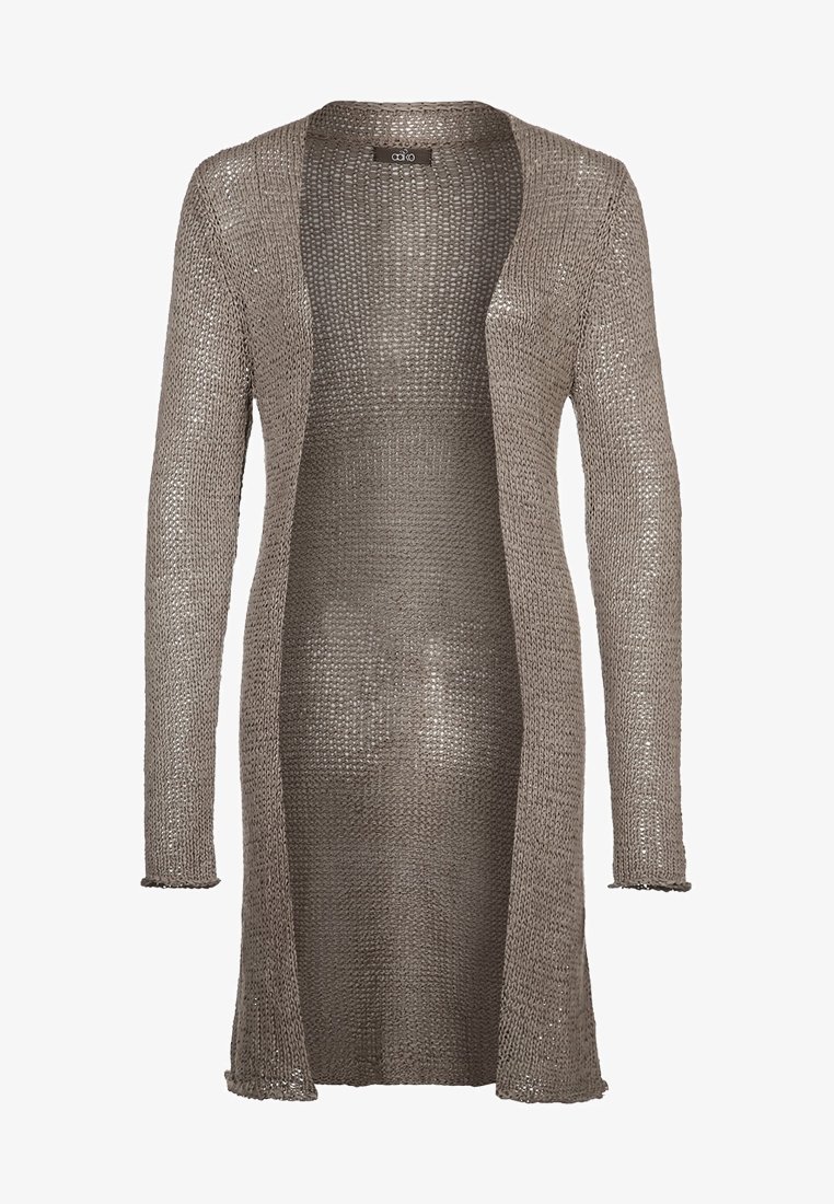 Lässige, offen frontierte Strickjacke in einem hellen Taueton, gestrickt mit einem strukturierten Muster, mit langen Ärmeln und einem mittel-langen Design.