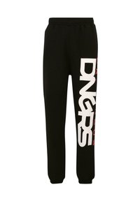Pantaloni da tuta neri con vestibilità affusolata, caratterizzati da un grande testo "DNGRS" bianco e rosso stampato verticalmente sulla gamba sinistra. Morbido, elastico in vita.