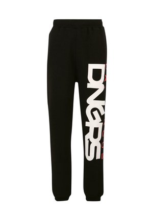 Black sweatpants with a tapered fit, featuring large white and red "DNGRS" text printed vertically on the left leg. Soft, elastic waistband.