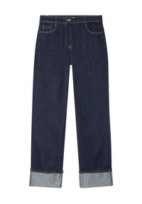 Dunkelblaue Jeans aus Denim mit geradem Bein, umgeschlagenen Säumen in Hellblau, Fünf-Taschen-Design und silberfarbener Hardware.