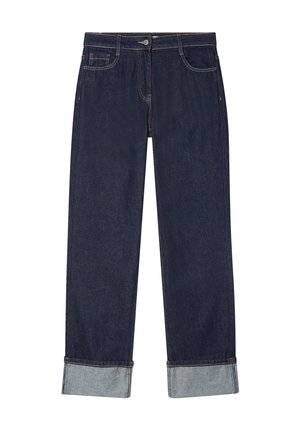 Jeans de mezclilla de lavado oscuro con diseño de pierna recta, dobladillos con vuelta en azul claro, estilo de cinco bolsillos y detalles en hardware en tono plateado.