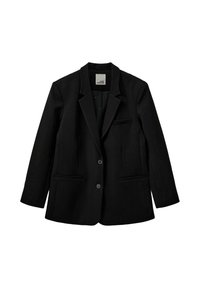 Blazer negru cu guler tăiat, două buzunare frontale, închidere cu un buton și o textură fină. Eticheta vizibilă în interior.