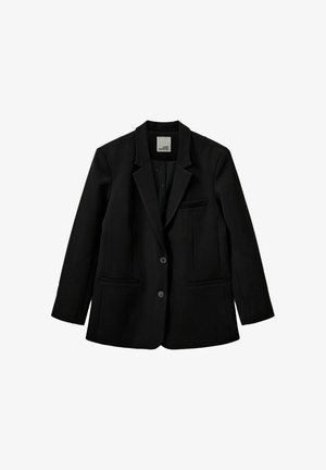 Zwart blazer met een geknipt kraag, twee voorzakken, een knoopsluiting met één knop en een gladde textuur. Label zichtbaar aan de binnenkant.