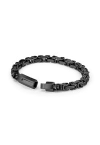 Zwart metalen armband met in elkaar grijpende schakels en een gestructureerde afwerking, met een rechthoekige sluiting voor een veilige bevestiging.