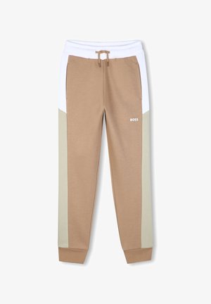 Beige joggerbroek met witte en lichtbeige zijpanelen, elastische taille met trekkoord en BOSS-logo op de rechterdij.