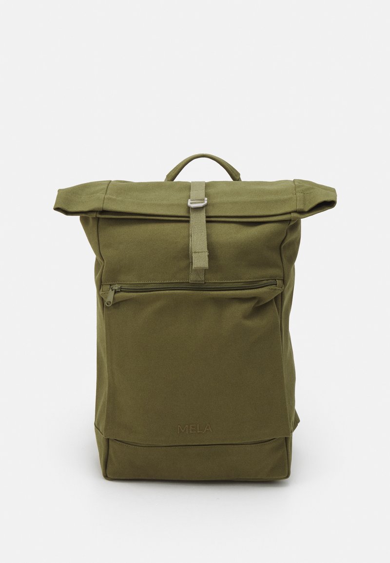 Green canvas backpack with a roll-top design, zippered front pocket, and a logo accent at the bottom. Features a top handle and sturdy straps.