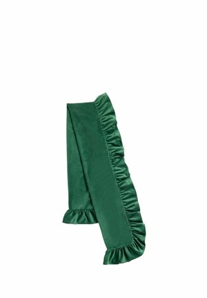 Sciarpa di raso verde con bordi arricciati, mostrata piegata su sfondo bianco.