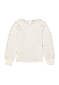 Blusa blanca de encaje de manga larga con escote redondeado, cierre con botón en forma de ojo de cerradura en la parte posterior, mangas abullonadas y puños elásticos ajustados.