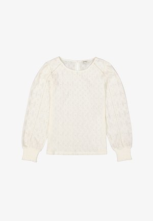 Witte kanten blouse met lange mouwen, ronde halslijn, sleutelgat knoopsluiting aan de achterkant, pofmouwen en fitted elastische manchetten.