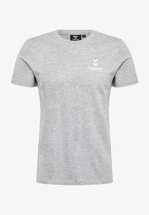 Graues Kurzarm-T-Shirt aus weicher Baumwolle, mit Rundhalsausschnitt und kleinem weißen Logo auf der linken Brust.