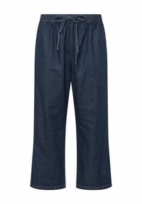 Tummansiniset farkut, joissa on lyhennetyt lahkeet, joustava vyötärö ja säädettävä nyöri. Ominaisuuksiin kuuluu suora lahjemalli, eikä taskuja.