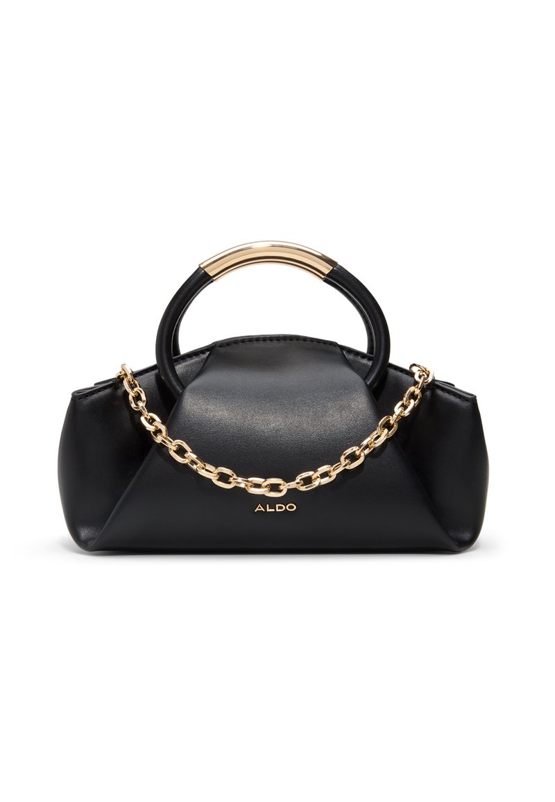Czarna torebka z sztucznej skóry o zaokrąglonym wierzchu, z złotym akcentem łańcucha i dwiema rączkami. Posiada gładką fakturę oraz błyszczące, wytłoczone logo.
