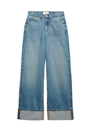 Jasnoniebieskie dżinsy o szerokich nogawkach wykonane z denimu. Posiadają wysoki stan, podwinięte mankiety, pięciokieszeniowy krój oraz subtelne przetarcia na całej powierzchni.