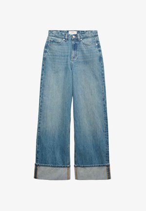 Světle modré džíny s širokými nohavicemi z denimu. Mají vysoký pas, ohrnuté lemy, pět kapes a jemné vyšisování po celé délce.