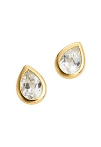 Pendientes en forma de lágrima de tono dorado con cristales facetados claros. Acabado metalizado suave, piedra semitranslúcida con borde pulido.