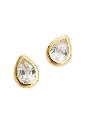 Pendientes en forma de lágrima de tono dorado con cristales facetados claros. Acabado metalizado suave, piedra semitranslúcida con borde pulido.