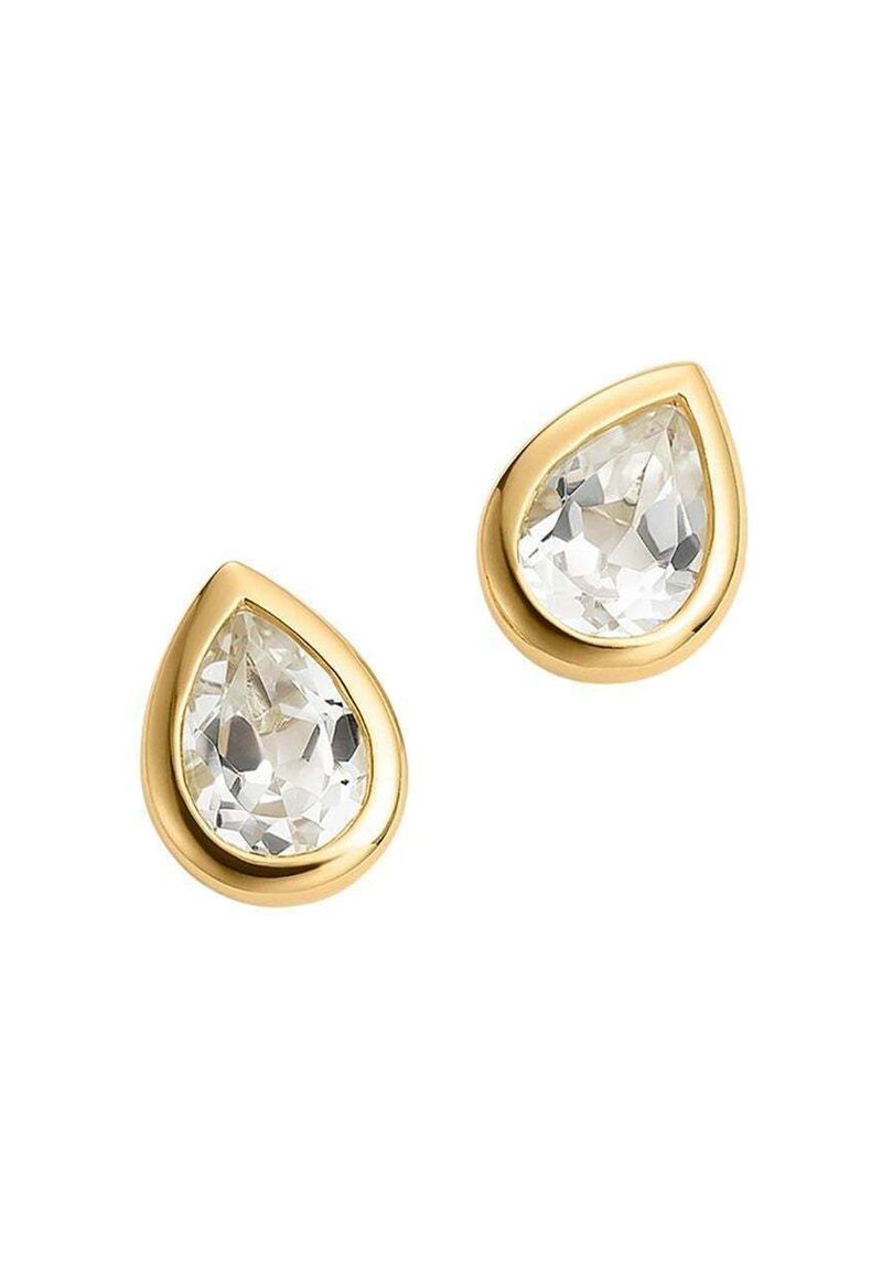 Pendientes en forma de lágrima de tono dorado con cristales facetados claros. Acabado metalizado suave, piedra semitranslúcida con borde pulido.