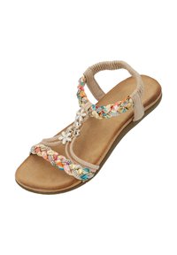 Beżowe sandały z plecionym paskiem ozdobionym kolorowymi akcentami, kwiatowymi zdobieniami oraz miękką, teksturowaną wkładką. Elastyczna, amortyzująca podeszwa.