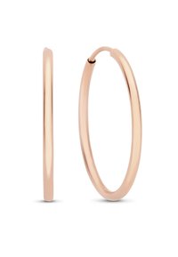 Roze gouden creolen met een slank, rond ontwerp. Gladde textuur met een gepolijste afwerking, voorzien van een veilige sluiting voor gemakkelijk dragen.